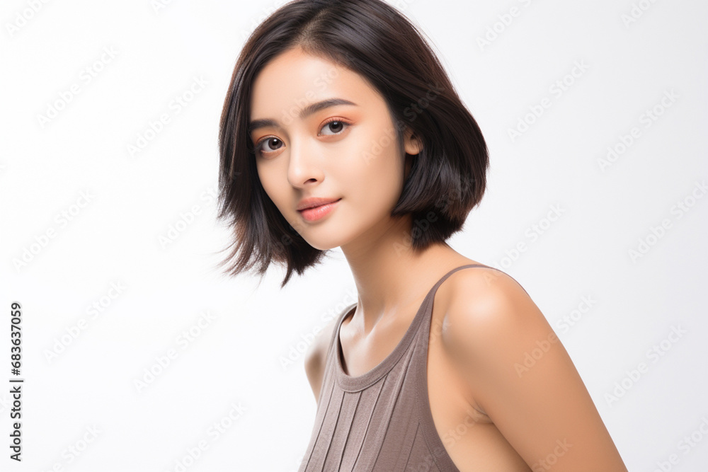 Asian woman in white top camisole poses against clean white wall with her black hairstyle, fresh bare skin, the concept of beauty, skincare, and health wellness. Generative AI. Asian woman in white top camisole poses against clean white wall with her black hairstyle, fresh bare skin, the concept of beauty, skincare, and health wellness. Generative AI.