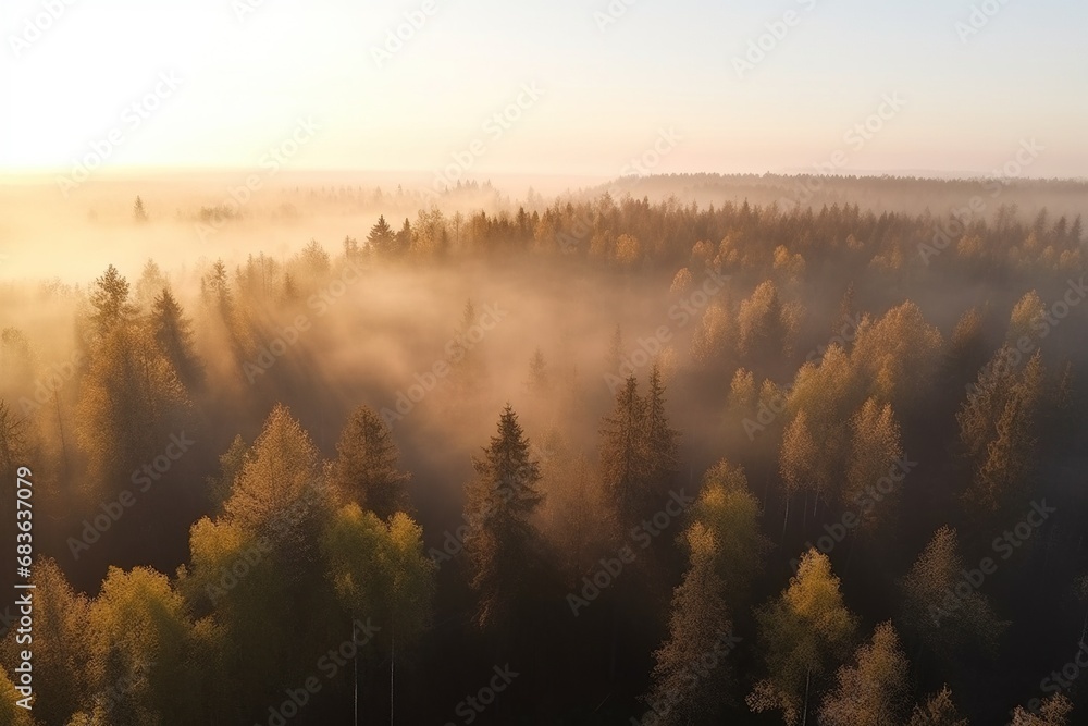 Foggy mountain forest at sunrise. Beautiful landscape with morning mist over coniferous trees. Top aerial view. - obrazy, fototapety, plakaty 