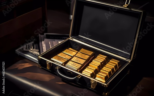 gold bars in a suitcase with charts, gold investment concept. generative ai