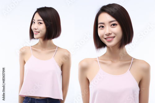 Asian woman in white top camisole poses against clean white wall with her black hairstyle, fresh bare skin, the concept of beauty, skincare, and health wellness. Generative AI.