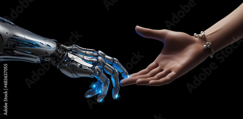 The human hand is touching a robot hand