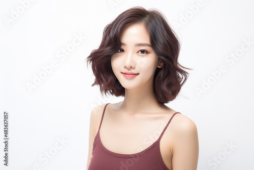 Asian woman in white top camisole poses against clean white wall with her black hairstyle, fresh bare skin, the concept of beauty, skincare, and health wellness. Generative AI.