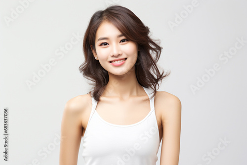 Fotografia Asian woman in white top camisole poses against clean white wall with her black hairstyle, fresh bare skin, the concept of beauty, skincare, and health wellness