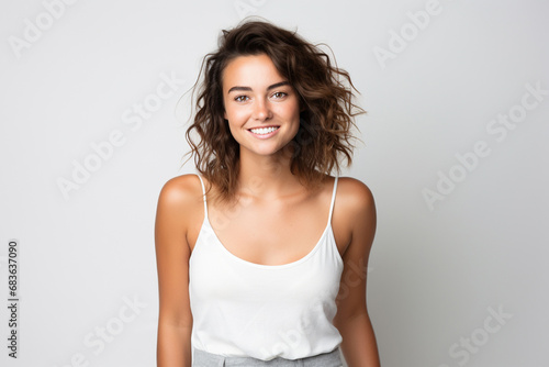 Asian woman in white top camisole poses against clean white wall with her black hairstyle, fresh bare skin, the concept of beauty, skincare, and health wellness. Generative AI. photo