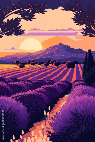Wallpaper of a beautiful lavender field landscape. poster  postcard picture 