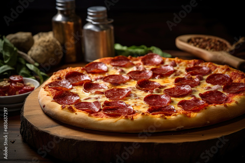 Pepperoni Pizza on a Wooden Table. Generative Ai