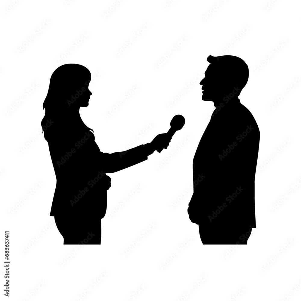Reporter interviewing people silhouette, journalist interviewing street people silhouette vector