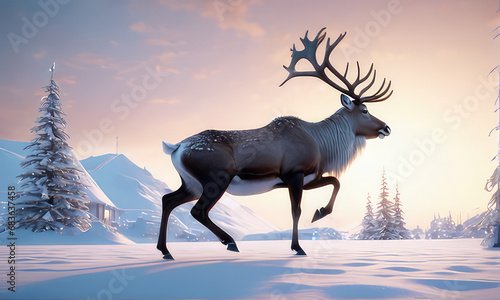 Ai generative Beautiful reindeer in Snow, with their golden horns, with Christmas lights.