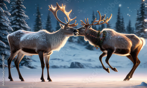 Ai generative Beautiful reindeer in Snow, with their golden horns, with Christmas lights.