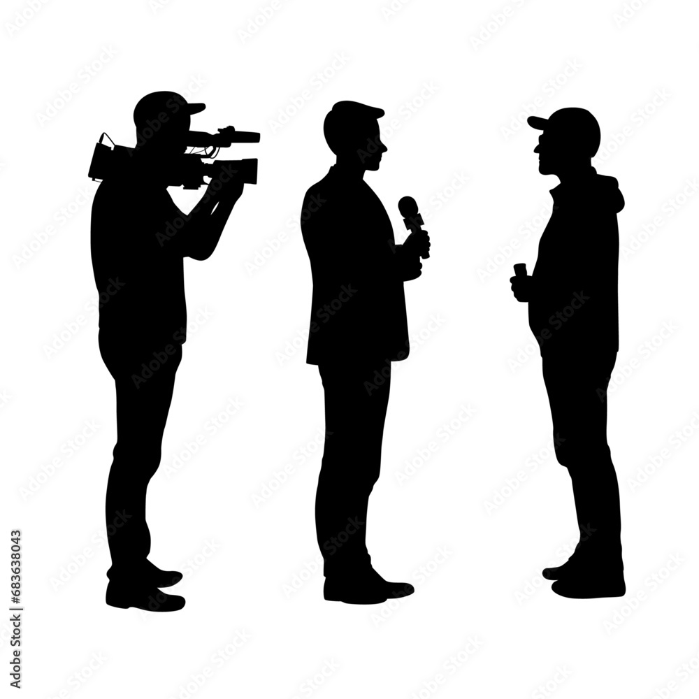 Street Interviewing Icon Reporter interviewing people silhouette, journalist interviewing street ...