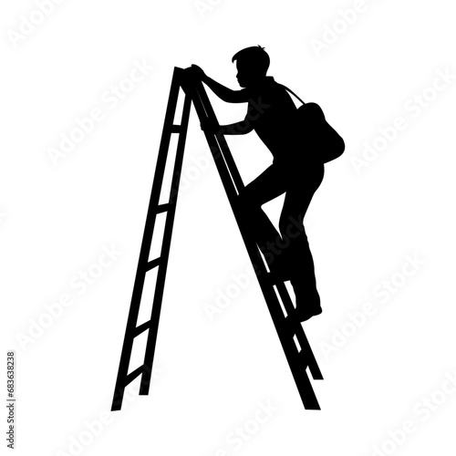 Professional builder climbing up metal ladder, man climbing upwards silhouette on white