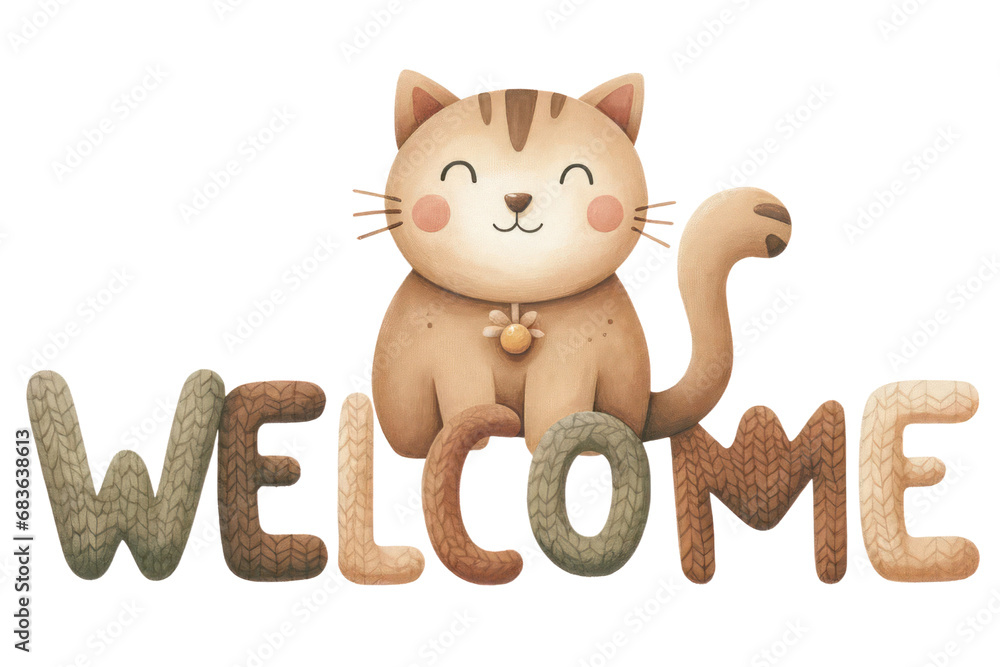 Fototapeta premium Watercolor Cat hand drawn with word ' Welcome ' Decorative ,Letter, Nursery Decor , Holiday Season ,Hands make cut out transparent isolated on white background ,PNG file