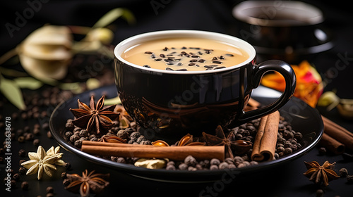 A Cup of Chai Decorated Colorful Background Selective Focus photo