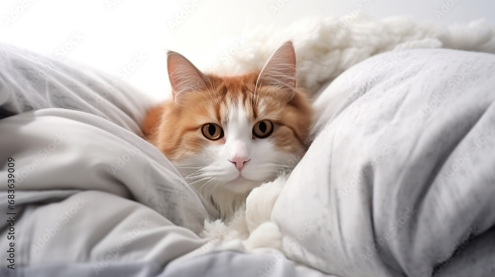 Funny Cat Lies In Bed Linen Figure White Color Light Blurry Background