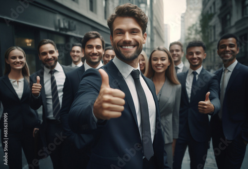 The business team leader raises a thumbs-up, indicating their commitment to excellence in teamwork. Generative AI.