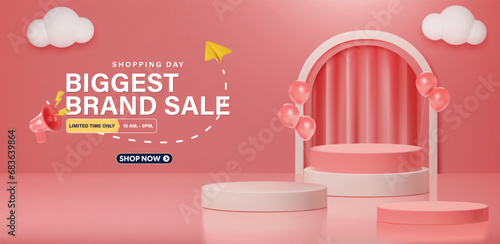 Cute sale banner podium, pink balloons and elements are available for use on online shopping websites or in social media advertising.