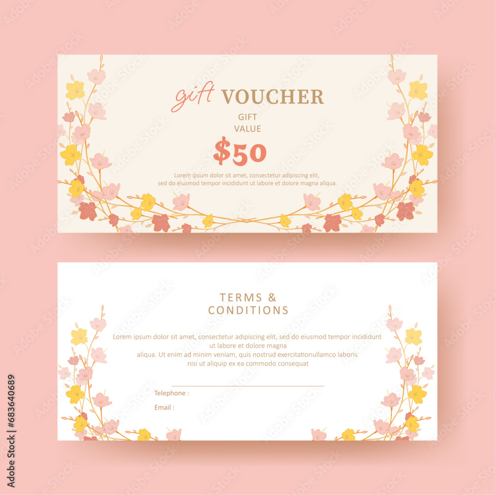 Gift voucher. Coupon template with colorful flower decoration. elegant aesthetic design. good for boutique, jewelry, floral shop, beauty salon, spa, fashion, flyer, banner design.