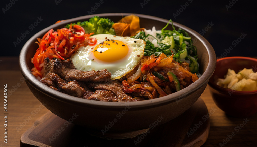 Bibimbap presented in a scorching hot stone bowl, complete with a tantalizing array of ingredients such as kimchi, crisp vegetables, and a flawlessly fried egg. Generative AI. Bibimbap presented in a scorching hot stone bowl, complete with a tantalizing array of ingredients such as kimchi, crisp vegetables, and a flawlessly fried egg. Generative AI.