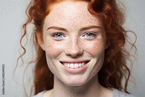 Portrait of a young and beautiful woman with vibrant red hair and natural freckles,The image is bathed in dark red and dusty green tones, creating a unique atmosphere. Generative AI.
