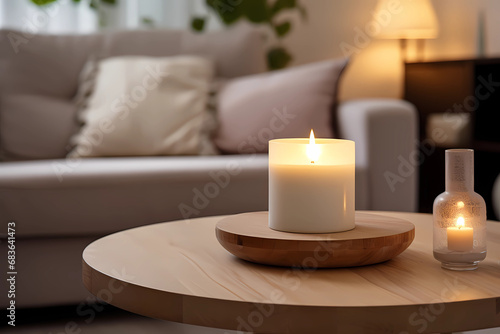 White candle standing on wooden coffee table in living room