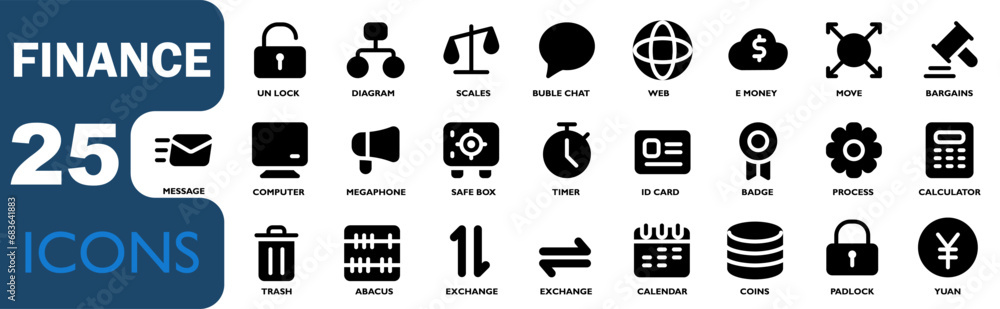 finance icon set. contains icons for money, calculator, bank, insurance, money security, e-money,exchange and others.black solid icon style. vector illustration set glyph.