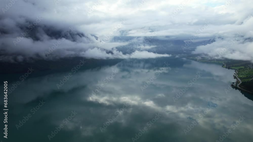 Aerial view above the impressive fjords and lakes of Oldevatnett Norway during the summertime Aerial view above the impressive fjords and lakes of Oldevatnett Norway during the summertime