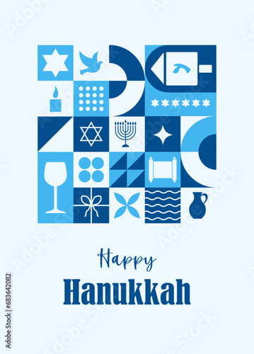 Happy Hanukkah poster. Modern neo geometric abstract background. Postcard, invitation, header for website. Composition of simple traditional icons in bauhaus minimalist style. Vector illustration.