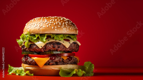 A big hamburger, over a red background. Tasty fresh unhealthy hamburgers with cheese. Fast food, junk food concept.