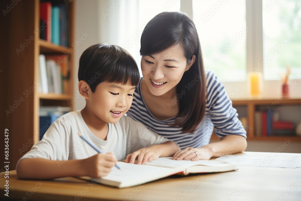 Mom helps son do homework sitting at table writing in notebook right answer. Girl asks mother to help with homework at table with laptop. Asian mom in cozy modern apartment helps daughter with lessons Mom helps son do homework sitting at table writing in notebook right answer. Girl asks mother to help with homework at table with laptop. Asian mom in cozy modern apartment helps daughter with lessons