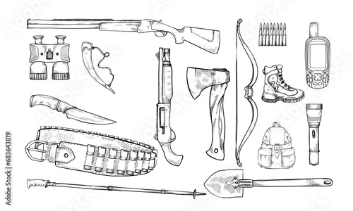 hunter equipment handdrawn illustration engraving