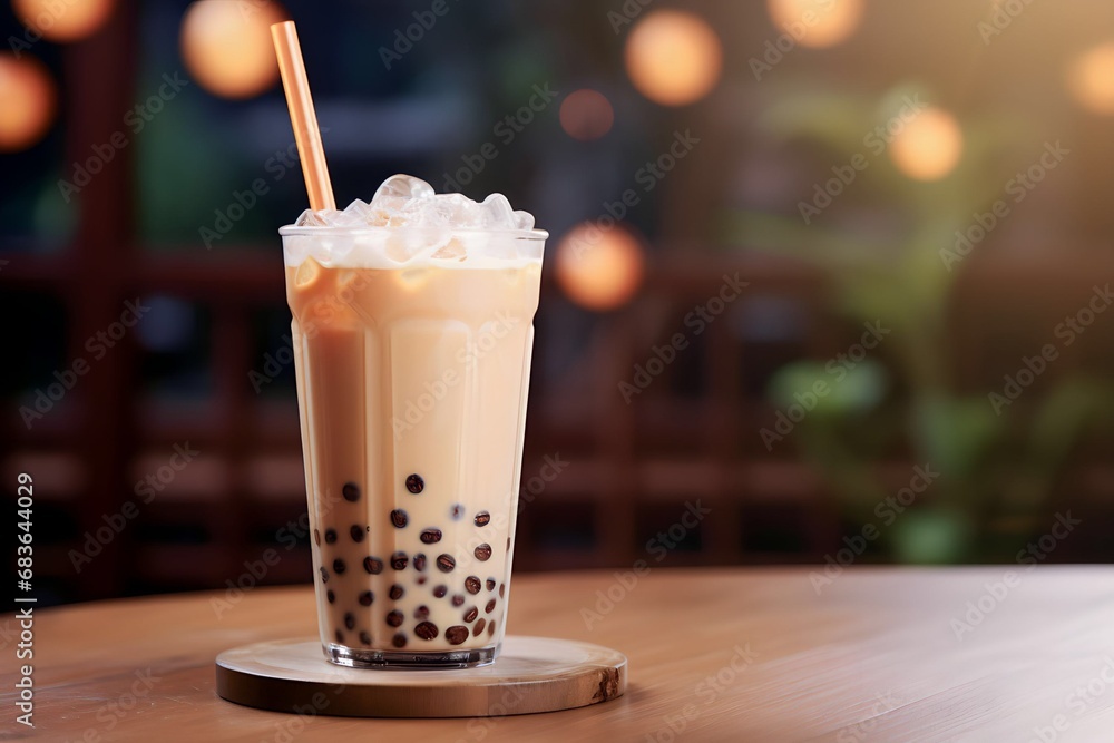 milk tea with boba on wooden table with blur background milk tea with boba on wooden table with blur background