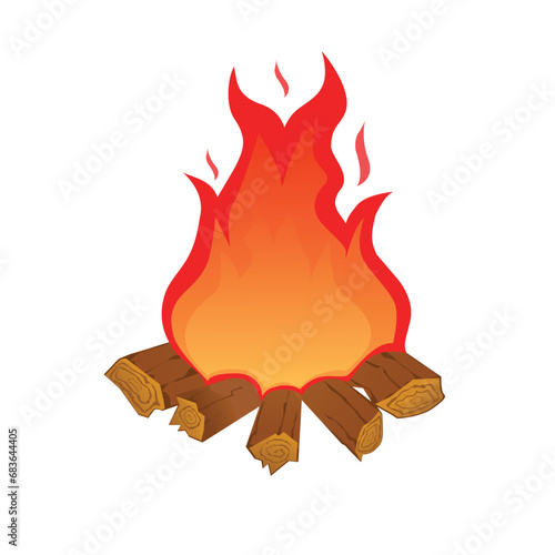 Burning bonfire on brown wood or logs with red orange fire campfire blaze for outdoor camping, signal fire
