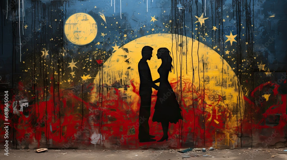 Graffiti of a Couple Gazing at the Moon on a Concrete Wall Graffiti of a Couple Gazing at the Moon on a Concrete Wall