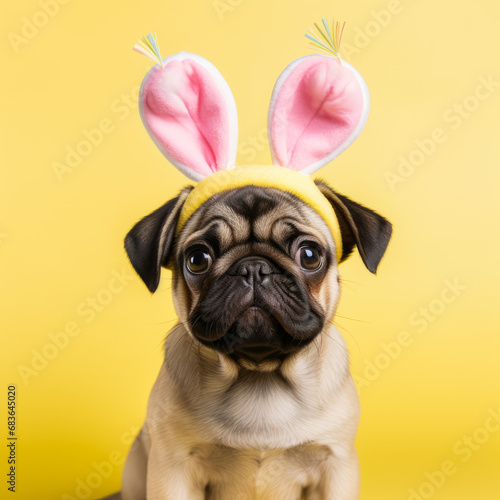 Happy smiling pug dog with bunny ears on yellow background. Easter concept . © sderbane