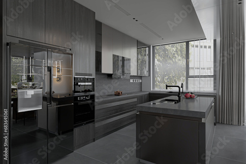Modern dark kitchen interior with dark gray island, fridge, and oven.