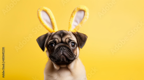 Happy smiling pug dog with bunny ears on yellow background. Easter concept . photo