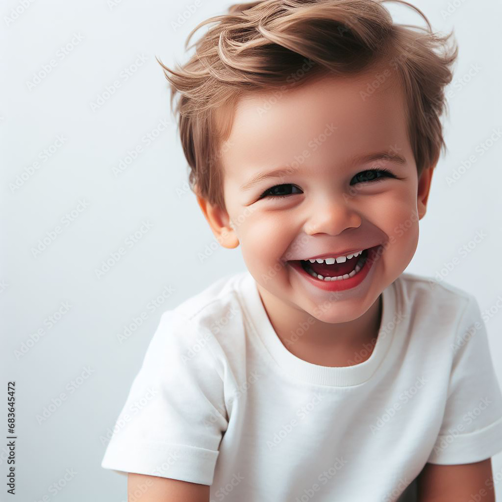 A cheerful two-year-old boy, brimming with happiness and wearing an infectious smile, set against a clean, white background. A cheerful two-year-old boy, brimming with happiness and wearing an infectious smile, set against a clean, white background.