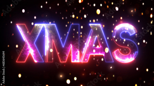 XMAS glowing neon text with animated bright particles. Xmas text generated from light neon lines