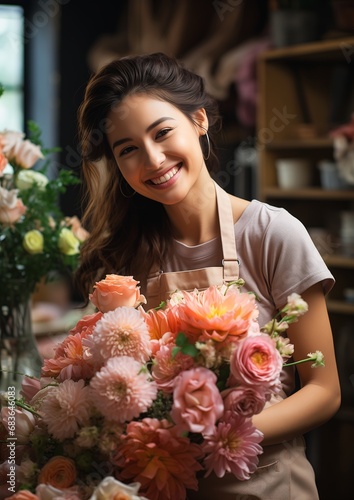 woman holding bouquet flowers flower shop wearing apron body features face happy smiling mixed race gorgeous maid cute girl mine disarmed smile photo