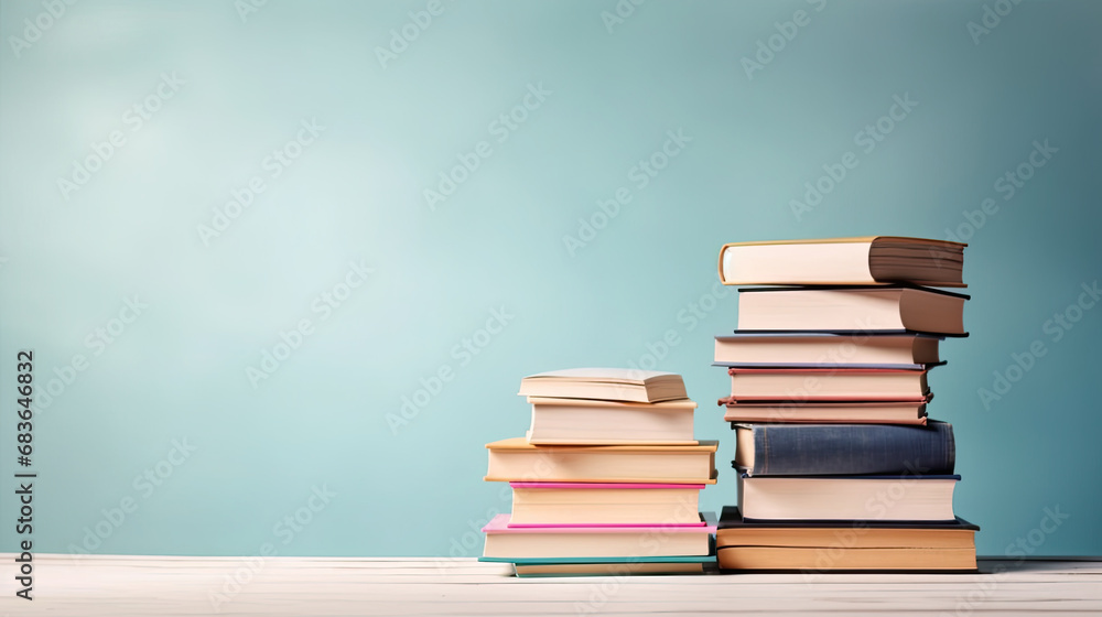 Many books on a wooden table on blue background. back to school. Education. Many books on a wooden table on blue background. back to school. Education.