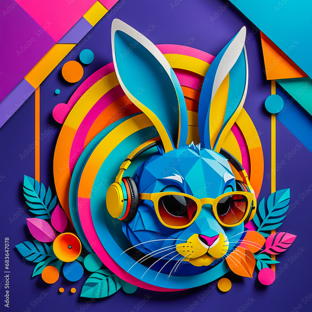 illustration of rabbit with headphones and sunglasses on the abstract background. illustration of rabbit with headphones and sunglasses on the abstract background.