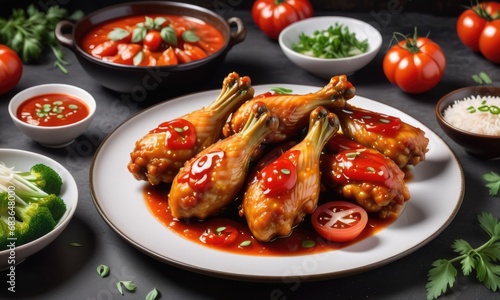 baked chicken wings in the asian style and tomatoes sauce on plate