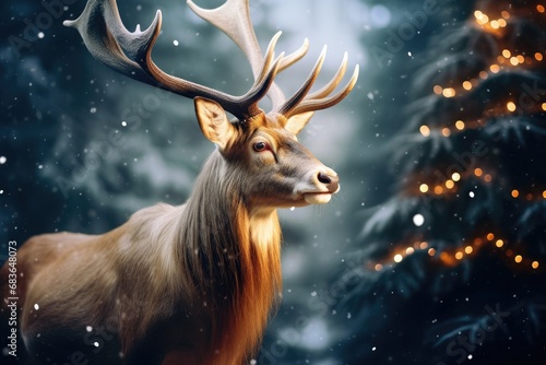 close up a reindeer standing near a Christmas tree