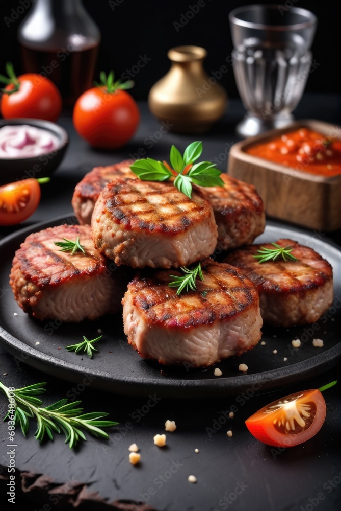 Juicy delicious meat cutlets on a dark table Juicy delicious meat cutlets on a dark table