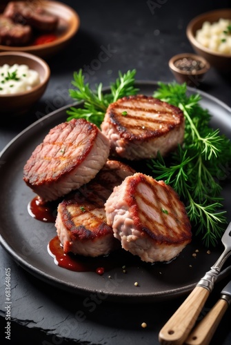 Juicy delicious meat cutlets on a dark table 