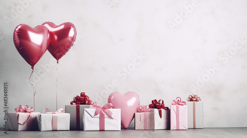 Set of Air Balloons. Bunch of red color heart shaped foil balloons isolated on white background with copy space. Love. Holiday celebration. Valentine's Day party decoration. Metallic red Heart
