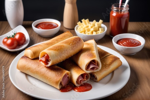 Vertical shot of toast rolls with ham and cheese and tomatoes