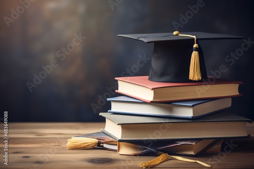 graduation hat and stack of books on the table  educational concept