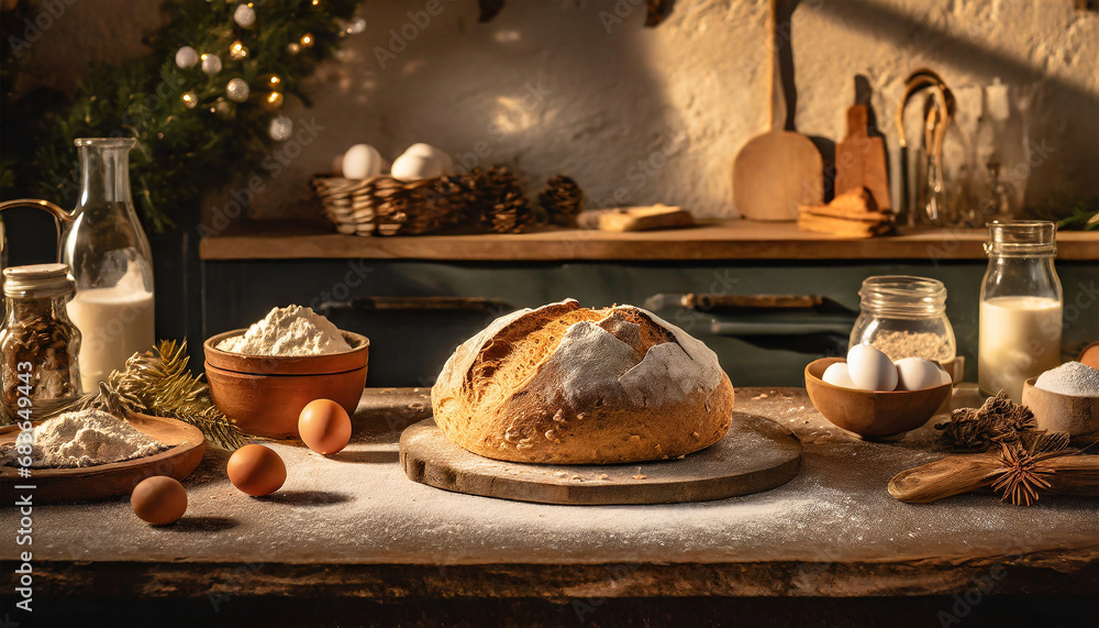 eggs, flour, and butter on wooden table for Baking homemade bread at cozy kitchen eggs, flour, and butter on wooden table for Baking homemade bread at cozy kitchen