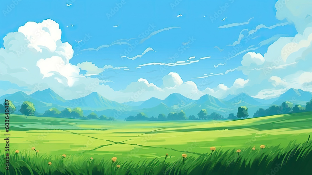  Summer fields, hills landscape, green grass, blue sky with clouds, flat style cartoon painting illustration.